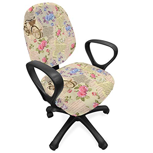 Lunarable Old Newspaper Office Chair Slipcover, Torn Newspaper Pieces with Bicycles and Romantic Vintage Style Roses Print, Protective Stretch Decorative Fabric Cover, Standard Size, Beige