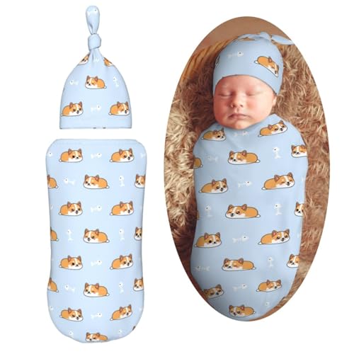Image of Muishi Cartoon Sleep Corgi Cute Blue Newborn Swaddle Blankets Hat Sets Soft Baby Receiving Blanket Swaddle Sack for Baby Shower Infant Boy Girl Gift
