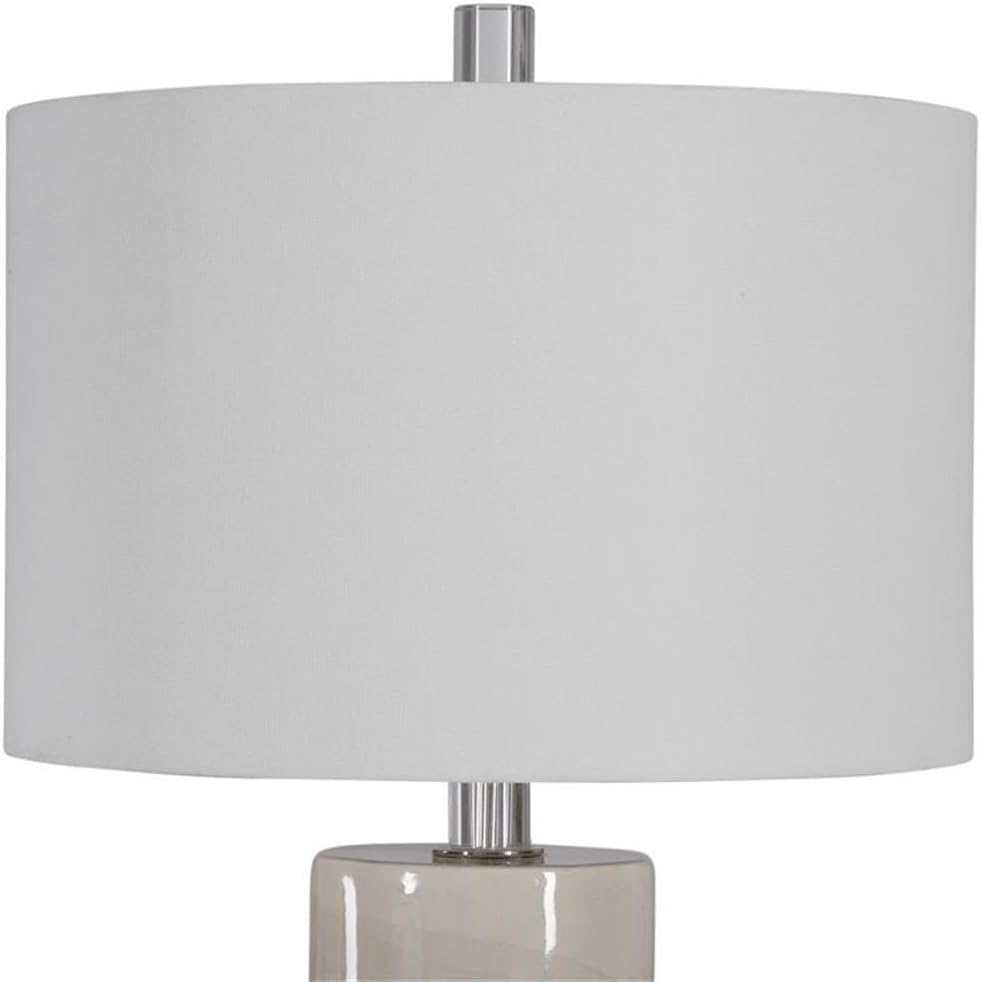 BOWERY HILL Contemporary Ceramic Table Lamp, Beige and Gray Drip Finish, 32 in Height, Crystal and Polished Nickel Accents, White Linen Shade, Modern Design for Living Room or Bedroom Decor