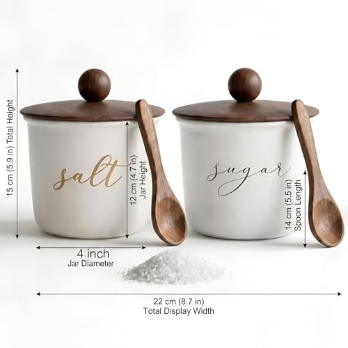 Image of Sugar and Salt Storage Canister Set of 2, White Metal, Airtight Acacia Wood Lid, 800ml, with Wooden Spoon, Food Safe Kitchen Storage Container /Jar