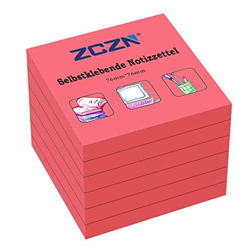 ZCZN Notes Adhésives à Forte Adhérence, Lot de 6 Blocs de Sticky Notes, 76 mm x 76 mm, 80 Feuilles/Bloc, Rouge