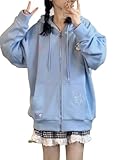 Manniduole Women Kawaii Oversized Zip Up Hoodie Cute Cartoon Embroidery Casual Pullover Sweatshirt Harajuku Casual Streetwear Blue