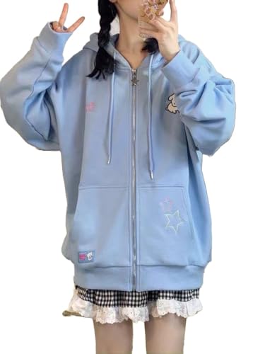 Manniduole Women Kawaii Oversized Zip Up Hoodie Cute Cartoon Embroidery Casual Pullover Sweatshirt Harajuku Casual Streetwear Blue