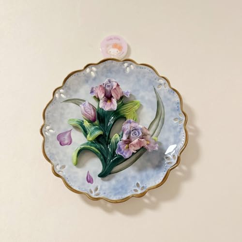 Minigift Ceramic Collections Plate, 3D Hand-painted Purple Tulip Flower and Leaf Decorative Tray with Display Stand-D 8inch