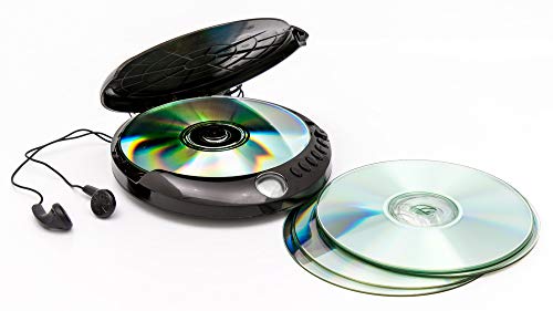 GPO Reproductor de CD Retro con Memoria programable de 20 Canciones, Pantalla LCD, portátil, protección antigolpes, Entrada Jack para Auriculares (incluidos) - Negro
