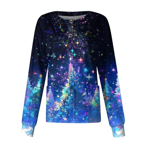 QWKLEAJ Christmas Scrub Jacket Women Long Sleeve Button Down Xmas Tree Print Scrub Jackets Winter Nursing Shirt Medical Holiday Nurse Working Uniforms With Pockets Sky Blue 2Xl