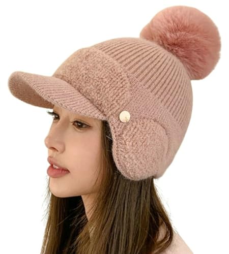 Women Winter Warm Knitted Hats Trendy Thick Visor Cap Coldproof Ski Hat Ear Protection Pompom