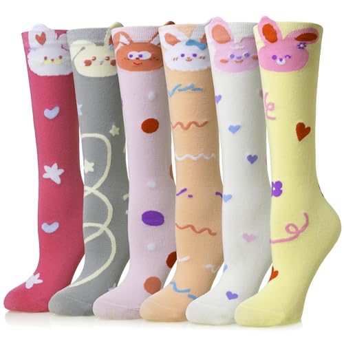 WEVIAS Girls Knee High Socks Kids Long Crazy Fun Silly Gifts Boot Cute Animal Funny Tall Cotton Socks 6 Pairs (6 Pairs Rabbit)