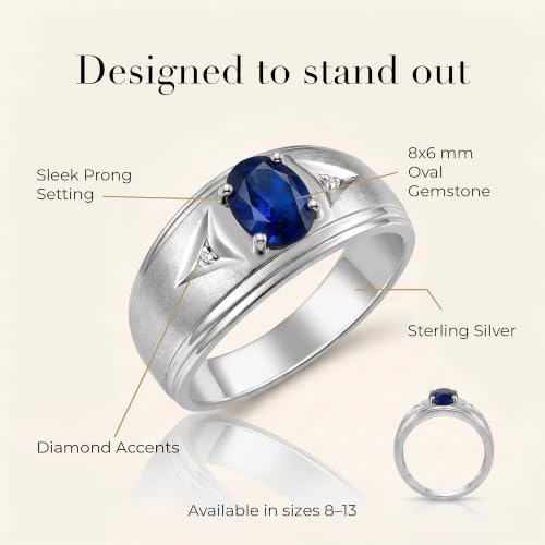 Image of Rylos Men's Rings Classic Design 8X6MM Oval Gemstone & Sparkling Diamond Ring - Color Stone Birthstone Rings for Men, Sterling Silver Rings in Sizes 8-13. Elevate Your Style with Timeless Elegance!