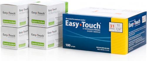Image of Easy Touch U-100 Insulin Syringe with Needle, 31G 1cc 5 /6-Inch (Box of 100) + Easy Touch Gamma-Sterilized Alcohol Prep Pads (4 Boxes of 100) Bundle, Diabetes Injection Supplies