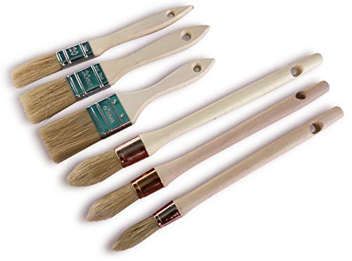 Set mit 6 Pinseln | 3 Absetzpinsel aus Borsten Nr. 3/0 - Nr. 0 - Nr. 2 | 3 Lackierpinsel, dicke Serie, Breite 20-30-40 mm | Für Emaille, Farbe, Beize, Grundierungen, Lacke | Kibros LOT_371_323c