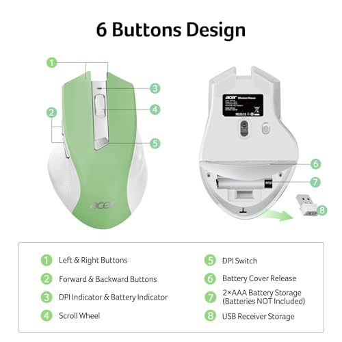 Image of Acer Wireless Mouse for Laptop, 2.4GHz Computer Mouse 3 Adjustable DPI Office Cordless USB Mice with USBA Receiver, 6 Buttons, 1600 DPI, Medium to Large Sized Hands (Green)