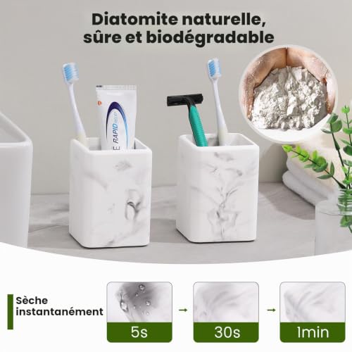 Luxspire 2 PCS Porte-brosses à Dents, Gobelets à Brosses en Diatomite à Dents à Séchage Rapide pour la Salle de Bain, Porte-brosses à Dents Électriques et Porte-Dentifrice, Marbre – vue 4