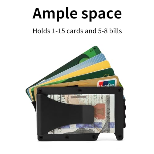 Image of Minimalist Wallet for Men, Slim Metal RFID Blocking Wallet Credit Card Holder Money Clip & Cash Strap, Scratch-Resistant Holds 15 Cards,Ideal Gift for Men | Matt Black