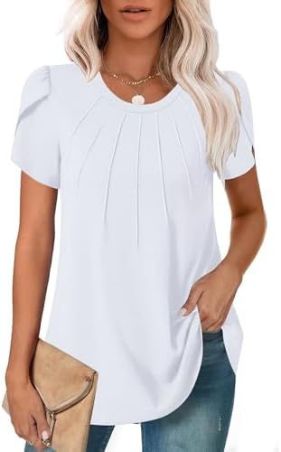 Zeagoo Womens Short Sleeve Tops Pleated Dressy Casual Crew Neck Summer Loose Shirts Blouses