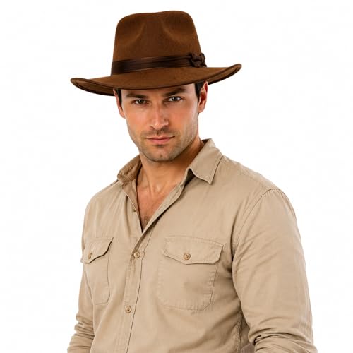 FUN FABLES Jones Style Brown Explorer Hat and Bull Whip Adults Fancy Dress Accessories for Jungle Safari & Adventurer Costumes