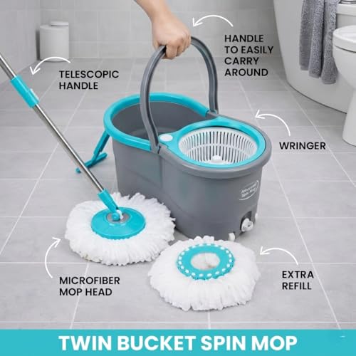 Image of Twin Bucket Spin Mop with Wheels and Puller Handle | 360 Adjustable Steel Handle | 2 High Absorbency Microfiber Refills | Pocha for Floor Cleaning - Home, Kitchen, Bathroom & Office (Grey)