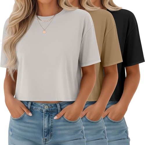 Ficerd 3 Pack Women's Half Sleeve Crop Tops, 3-Color, Medium