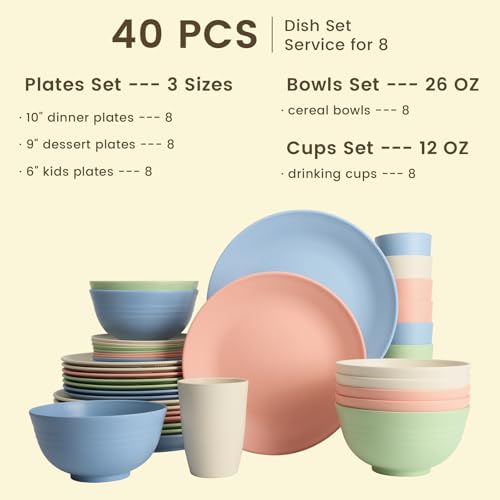 Image of Homienly 40-Piece Dinnerwave Sets, Service for 8, Wheat Straw Dinnerware Set - Plates and Bowls Set with Cups, Lightweight Microwave and Dishwasher Safe Dish Set for Dinner, Outdoor - Multi Light
