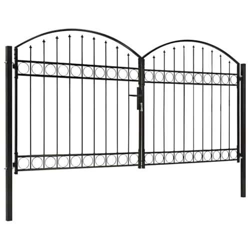 vidaXL Zauntor mit Gewölbter Spitze Doppelflügeltor Metalltor Gartentor Gartenzaun Tor Pforte Doppeltor Hoftor Einfahrtstor Stahl 300x150cm Schwarz