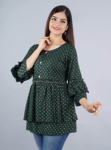 Image of Shiva Fab Short Kurti for Women | Embroidered Straight Rayon Kurta | Round Neck Full Sleeves Short Kurti for Women's