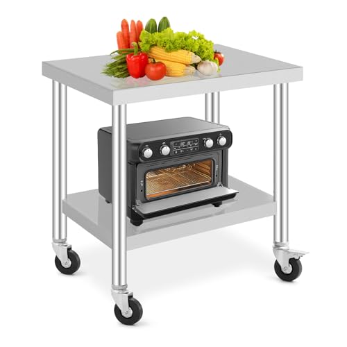 GarveeHome Arbeitstisch aus Edelstahl für Lebensmittelzubereitung, höhenverstellbar mit 3 Stufen, 4 Lenkrollen (2 gebremst), Maße 91x60 cm, ideal für gewerbliche Küchen, Restaurants & Catering