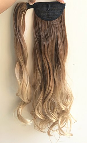 Ombre Wrap Around Ponytail Synthetic Clip in Hair Extensions Hairpieces (Wavy-Light Reddish brown to sandy blonde)