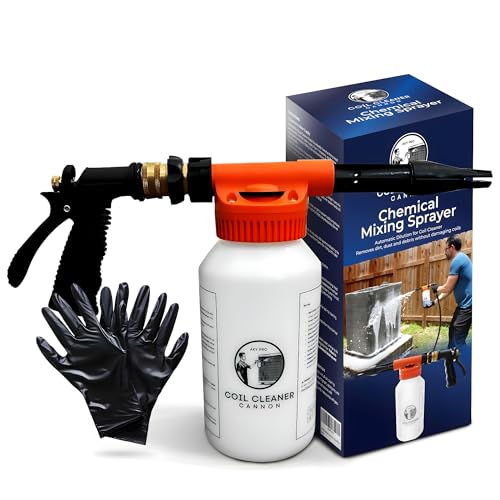 AC Coil Cleaner Cannon Sprayer - Automatic Mixing Foam Gun for HVAC Coil Cleaner - Air Conditioner Coil Cleaner for AC Unit, Evaporator & Condenser Coils - 2-Quart Bottle with Dilution Ratios + Gloves