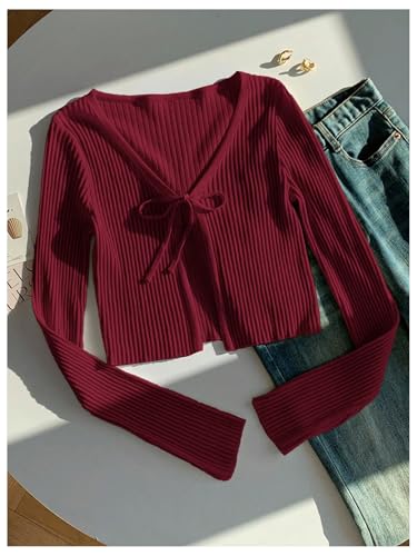 Image of SHENHE Women's Tie Front Crop Knit Rib Top Long Sleeve Shrug Cardigan | Long Sleeve,Lightweight Shrug,Rib Knit,Tie Front,Cropped,Knot Front,Crew Neck,Slim Fit,For Spring