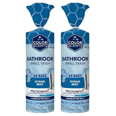 Color Scents Small Trash Bags - 4 Gallon, 60 Bags (2 Pack of 60 Count), Twist Tie - Light Blue Bag in Ocean Mist Scent with Microban Cover