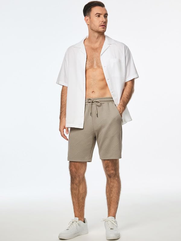 Mens Shorts Casual Elastic Waist Drawstring Geometric Texture Short Summer Beach Vacation Shorts with Pockets - Image 3