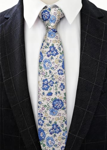 Image of Barry.Wang 100% Cotton Floral Ties for Men 63 inch Extra Long Necktie Clip | Fashion Cotton Printed Neckties,Wildflower 2.76 inch Ties Skinny,Gift Box,Groomsmen Wedding Engagement Graduation