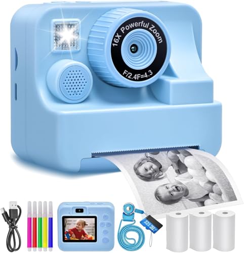 Kids Camera Instant Print, Christmas Birthday Gifts for Kids Age 3-12, Selfie Digital Camera with 1080P Videos,Toddler Portable Travel Camera Toy for 4 5 6 7 8 9 Year Old Boys (Blue)