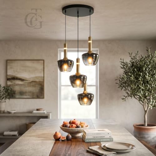 Image of Set of 4-Heads Tapered Cone-Shaped Glass Hanging Pendant Light|Modern Frustum Cluster Ceiling Lamp with Metal Base|Smoke-Glass for Living Room, Dining & Cafe