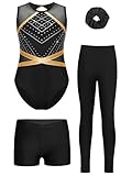 Sinleey Turnanzug Mädchen Gymnastikanzug mit Leggings und Shorts Haarband 4-teiliges Gymnastikoutfit Gymnastikset Kinder A Schwarz 170