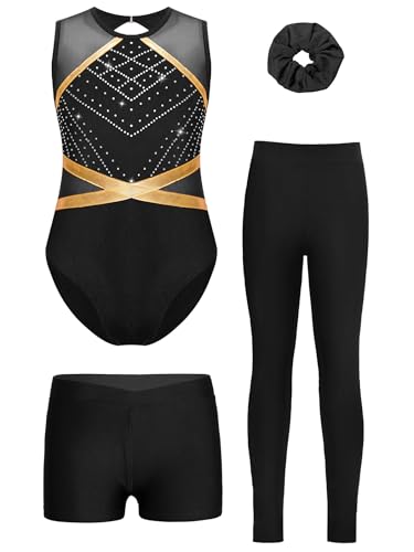 Sinleey Turnanzug Mädchen Gymnastikanzug mit Leggings und Shorts Haarband 4-teiliges Gymnastikoutfit Gymnastikset Kinder A Schwarz 146-152 Sinleey Turnanzug Mädchen Gymnastikanzug mit Leggings und Shorts Haarband 4-teiliges Gymnastikoutfit Gymnastikset Kinder A Schwarz 146-152