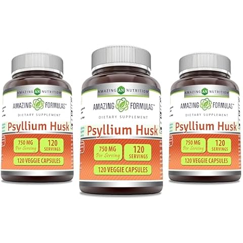 Amazing Formulas Psyllium Husk 750mg Veggie Capsules Supplement | Non-GMO | Gluten Free | Made in USA | Suitable for Vegetarians (120 Count | 3 Pack)