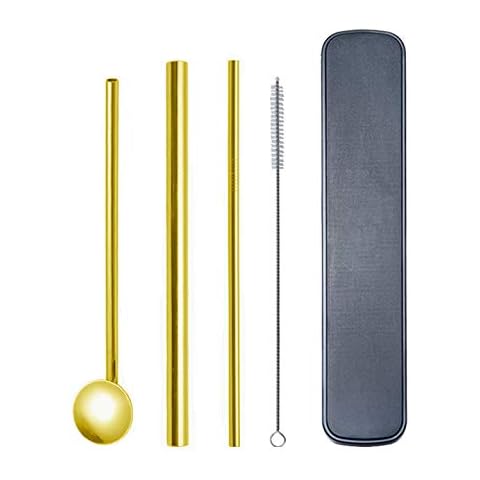 ZEARE Stainless Steel Straws 3 Metal Straws & Cleaning Brushes & Storage Box Reusable Metal Straws Dishwasher Safe (Gold) Cover