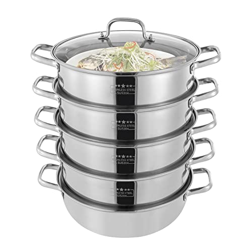 QuatoLuilo Vaporera de 5 niveles de acero inoxidable para cocinar, acero inoxidable 304, tapa transparente, diseño apilable para un fácil uso y almacenamiento