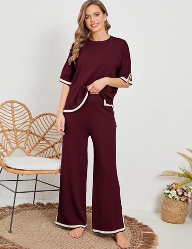 Image of Tanming Sweater Sets Women 2 Piece Lounge Sets Short Sleeve Knit Pullover Tops Wide Leg Pants