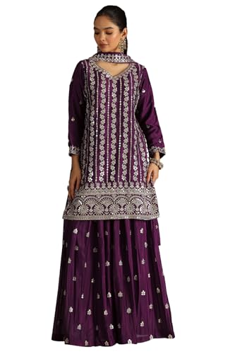Chiusura: senza lacci Soch Set completo da donna con ricamo Chinon ruggine con Zari, VINO, M