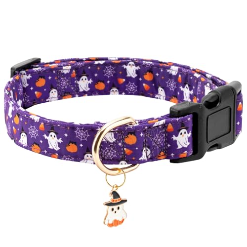 Gelwoo Fall Dog Collar Soft and Cute Halloween Collars with Ghost Patterned Design for Girl Female Boy Dogs Adjustable Buckle Pet Collar for Small Medium Large Dogs (Purple Ghost S)