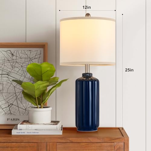 Liyicha Lamp for Living Room Bedroom Lamps Farmhouse Table Lamps Set of 2 Vertical Stripe Ceramic Table Lamp,Linen Shade with Bulb, 25 in High,Navy Blue by Liyicha - Used condition - Image 7