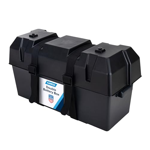 Camco Double Battery Box - Safely Stores RV, Automotive, and Marine Batteries - Features a Heavy-Duty Corrosion-Resilient Polymer Construction and Measures Inside 21-1/2' x 7-3/8' x 11-3/16' (55375)