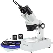 AmScope SE305R-A-E Digital Forward-Mounted Binocular Stereo Microscope, WF10x Eyepieces, 10X/30X Magnification, 1X and 3X Objectives, Upper and Lower Halogen Light Source, Arm Stand, 120V, Includes 0.3MP Camera and Software