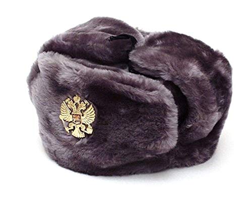 Auténtico sombrero Ushanka gris militar ruso con emblema de águila de doble cabeza (mediano (57 cm))