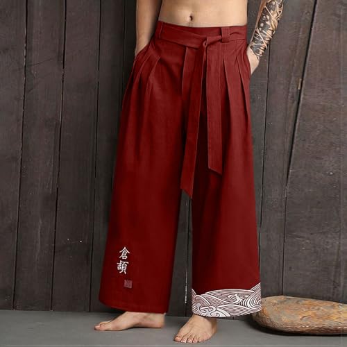 Pantalon coton lin hommes laçage taille élastique décontracté - 5