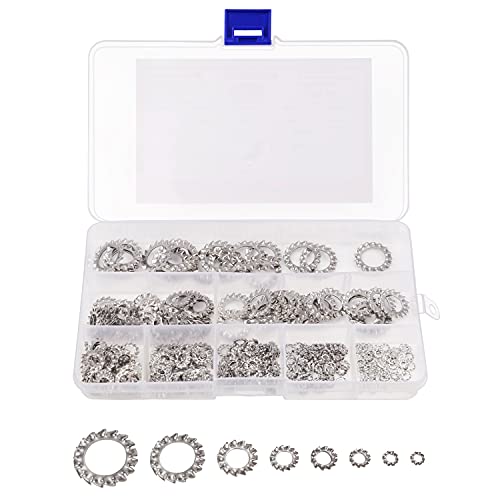 Belle Vous Kit Arandelas de Acero Inoxidable 304 con Dientes (300 Piezas) Variedad de Tamaños M2,5 / M3 / M4 / M5 / M6 / M8 / M10 / M12 - Arandela Seguridad Externa Bloqueo Rápido