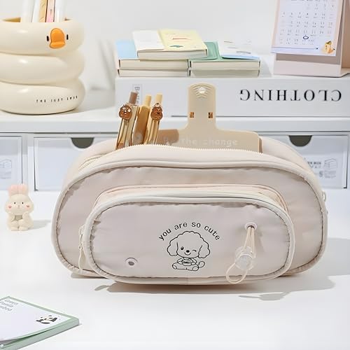 Image of Large Capacity Cute Pencil Case - Multi-Layer Stationery Organizer with Handle, Mesh Pockets & Pen Slots - Portable Storage Pouch for School, Office & Art Supplies (Beige Puppy)