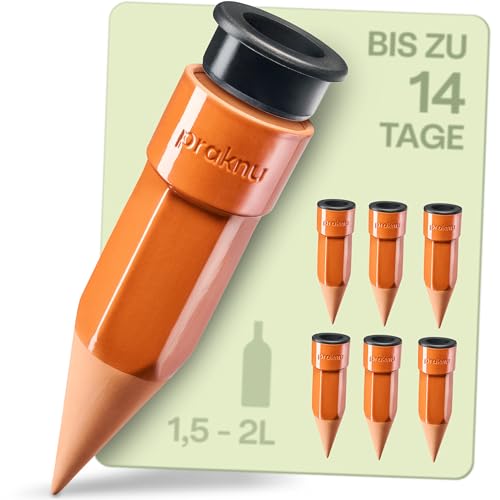 Praknu 6x Tonkegel Bewässerung Groß – Bis zu 14 Tage – Auslaufsicherem mit Adapter – Bewässerung für Zimmerpflanzen im Urlaub – Wasserspender Pflanzen – Bewässerungssystem